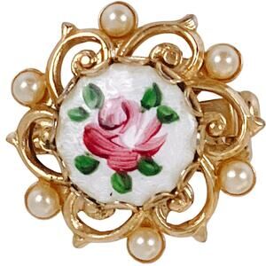 Tiny Porcelain Rose Brooch Petite Hand Painted Faux Pearl Mid Century Floral Pin